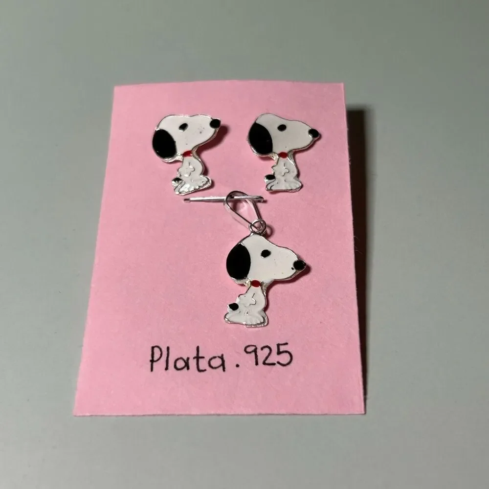 Snoopy Set 925 Sterling Silver Pendant and Earring Set
